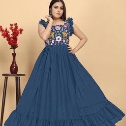 AKSHARAM Floral Embroidered Square Neck Gathered Georgette Maxi Dress-image-41