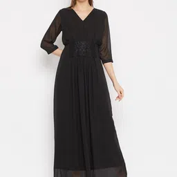 Imfashini Women Black Solid V-neck Georgette Maxi Dress-image-51