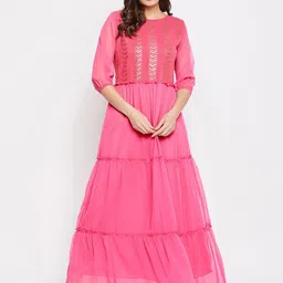 Bitterlime Pink Georgette Maxi Tiered Dress-picture-40