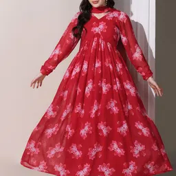 FASHION DREAM Floral Printed Georgette Maxi Dress With Dupatta-20