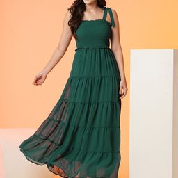Globus Green Shoulder Straps Smocked Tiered Georgette Maxi Dress-image-37