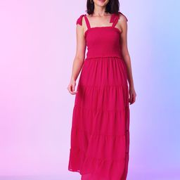 Globus Pink Shoulder Straps Smocked Georgette Tiered Fit and Flare Maxi Dress-image-44