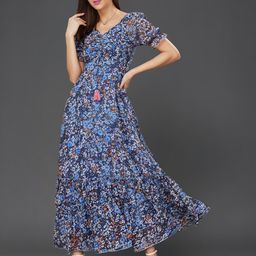 Miss Chase Floral Print Sweetheart Neck Puff Sleeve Georgette Fit & Flare Dress-image-72