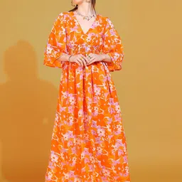 DODO & MOA Orange Floral Printed Georgette Maxi Dress-picture-37