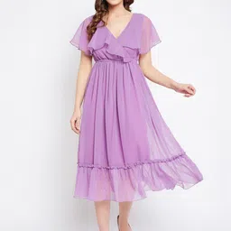 Bitterlime V-Neck Flared Sleeve Midi Empire Dress-image-3