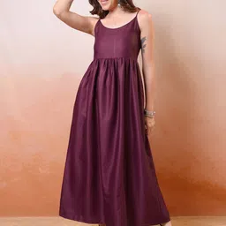 Vishudh Maroon Self Design Shoulder Straps Gathered Smocked Maxi A-Line Dress-image-40