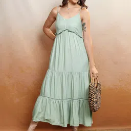 Vishudh GREEN V-Neck Shoulder Straps Tiered Maxi Dress-image-36