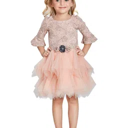 Peppermint Peach-Coloured Floral Net Drop-Waist Dress-17