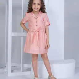 Peppermint Girls Shirt Collar Puffed Sleeves Tie-Ups Cotton A-Line Dress-image-79