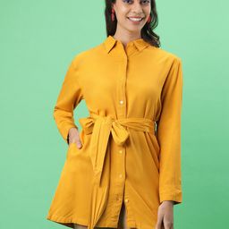 Freehand by The Indian Garage Co Shirt Collar Tie-Up Detail A-Line Dress-image-45