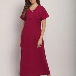 Secret Wish Women Round Neck Pure Cotton Maxi Nightdress-image-79