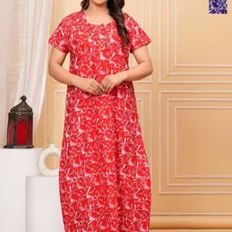 JVSP FASHION Women 2 Pcs Square Neck Short Sleeves Cotton Printed Maxi Nightdress-image-64