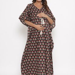Ikk Kudi by Seerat Black Printed Pure Cotton Maternity & Nursing Kaftan Maxi Nightdress-image-28