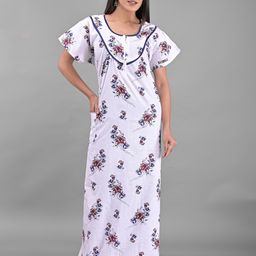 Apratim White Printed Maxi Pure Cotton Nightdress-image-65