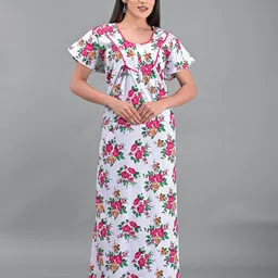 Apratim White Printed Maxi Pure Cotton Nightdress-image-64