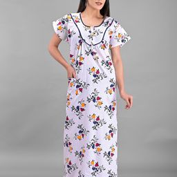 Apratim White Printed Maxi Pure Cotton Nightdress-image-71