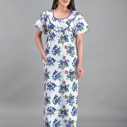 Apratim White Printed Maxi Pure Cotton Nightdress-27