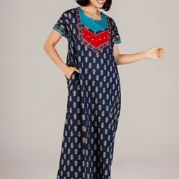 evolove Women Blue Printed Maxi Nightdress-picture-7