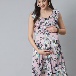 antaran Floral Printed Ruffled Satin Maternity A-Line Dress-image-85