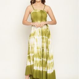 Aawari Green & White Tie and Dye Smocked Maxi Dress-image-99
