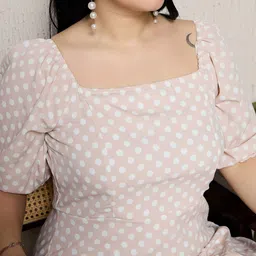 CURVE BY KASSUALLY Plus Size Beige Polka Dot Print Puff Sleeves Crepe A-Line Dress image 2