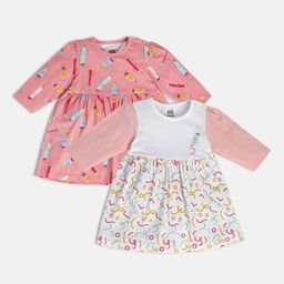 MINI KLUB Pack Of 2 Conversational Printed Gathered Pure Cotton Fit & Flare Dress-image-83
