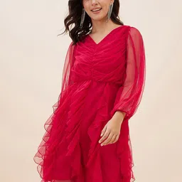 Antheaa Puff Sleeves Ruched Net Fit & Flare Dress image 3
