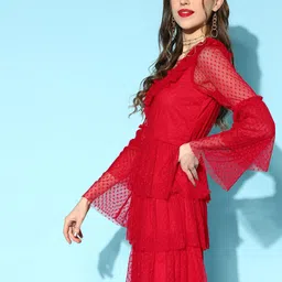 Athena Red Self Design Dobby Net A-Line Dress image 3