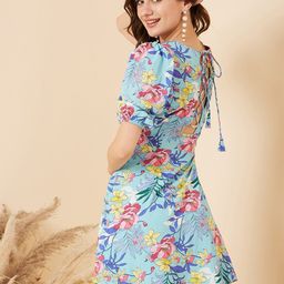 RARE Blue Floral Printed A-Line Puff Sleeves Mini Dress-image-9