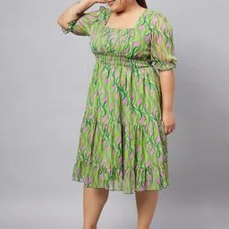 Antheaa Curve Plus Size Geometric Printed Puff Sleeves Midi Dress image 4