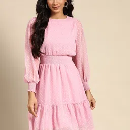 all about you Pink Dobby Weave Cinched Waist A- Line Dress-picture-33