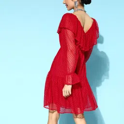 Athena Red Self Design Dobby Net A-Line Dress image 4