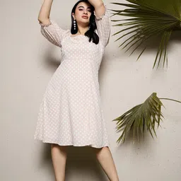 CURVE BY KASSUALLY Plus Size Beige Polka Dot Print Puff Sleeves Crepe A-Line Dress image 5