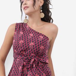 Vishudh Pink Floral Printed One Shoulder Fit & Flare Midi Dress-picture-58