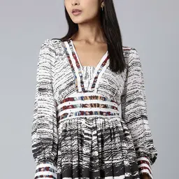 SHOWOFF Abstract Printed V-Neck Georgette Fit and Flare Dress-image-89