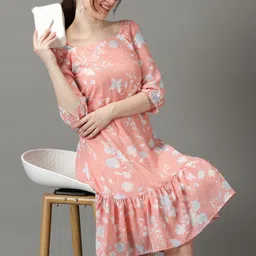 SHOWOFF Square Neck Floral Printed Crepe A-Line Dress-image-26