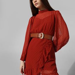 ONLY Self Design Ruffled Puff Sleeves High Neck Fit & Flare Dress-picture-19