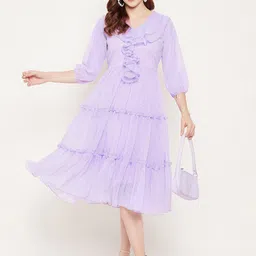 Bitterlime Polka Dots Printed Georgette Flared A-Line Midi Dress image 4
