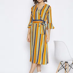Crimsoune Club Mustard Yellow Striped A-Line Midi Dress-image-60
