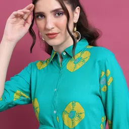 Vishudh Turquoise Blue Geometric Printed Tie Ups Detail Shirt Style Dress-image-71