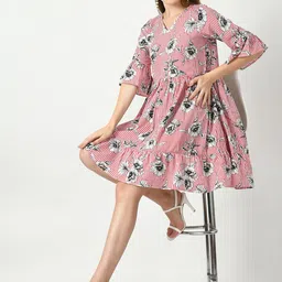 DressBerry Floral Printed Bell Sleeves Cotton Fit & Flare Dress-image-31
