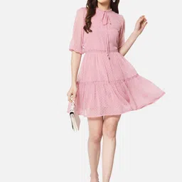 BAESD Self Design Tie-Up Neck Puff Sleeves Pleated Fit & Flare Dress image 3