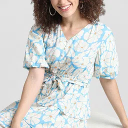 ONLY Floral Printed Puff Sleeves Belted Layered Fit & Flare Dress-image-88