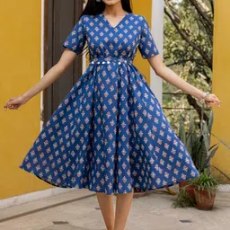 HERE&NOW Printed Cotton A-Line Midi Ethnic Dresses-image-65