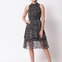 CHARMGAL Women Black Printed Georgette Fit & Flare Dress-image-20