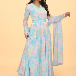 CHANSI Abstract Printed Pleated Maxi Ethnic Dresses With Dupatta image 3