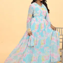 CHANSI Abstract Printed Pleated Maxi Ethnic Dresses With Dupatta image 5