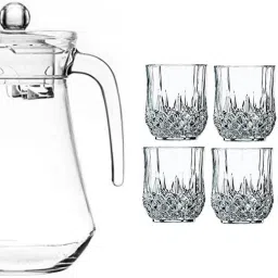 Pack of 7 Crystal Cut Glass Lemon Set 1.3L Jug,240ML Glass for Juice and Water Jug Glass Set-image-101