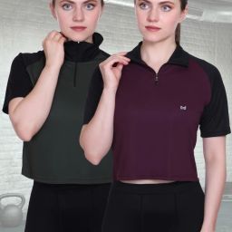 Pack of 2 Women Colorblock Polo Neck Polyester Dark Green, Maroon T-Shirt-image-64