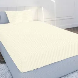 mayfair homes london Cream Solid 210 TC Cotton Single Sized Bedsheet with 1 Pillow Cover Satin Stripe 2024 Collection-picture-22